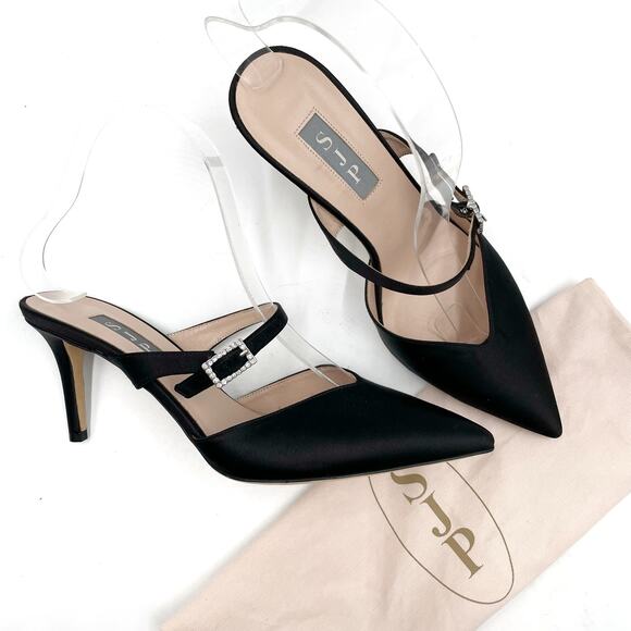 SJP Sarah Jessica Parker Gigi Mules Black Satin Crystal Buckle Pointed Sz 37 / 7